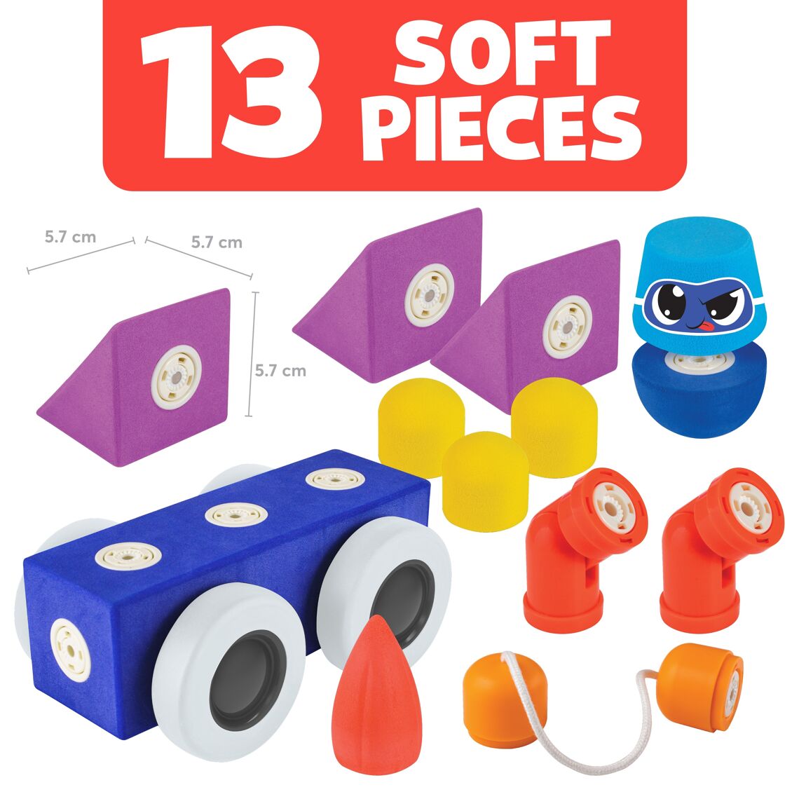 Set of 13 jumbo magnetic building blocks in the Blockaroo Roadster Box for endless play.
