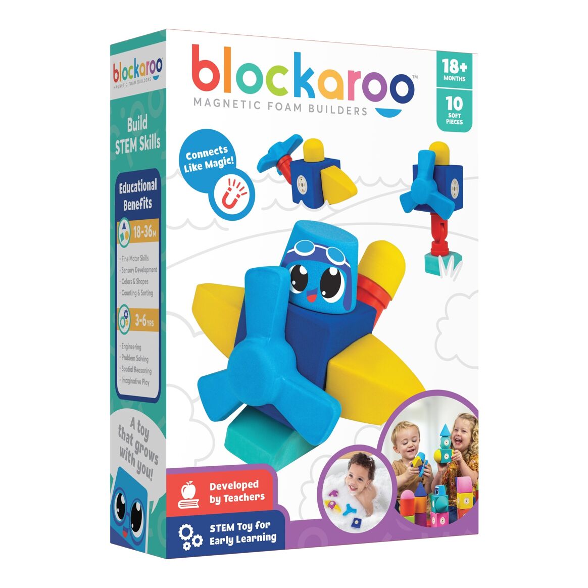 Blockaroo Vliegtuigdoos Box with 10 jumbo magnetic building blocks for creative airplane designs.
