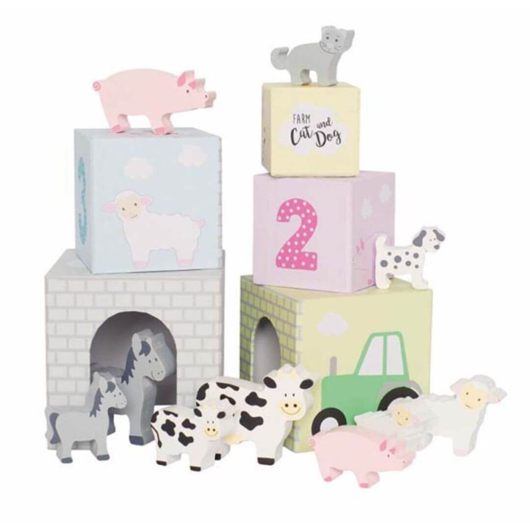 Jabadabado stackable blocks with farm animal designs, perfect for young children.
