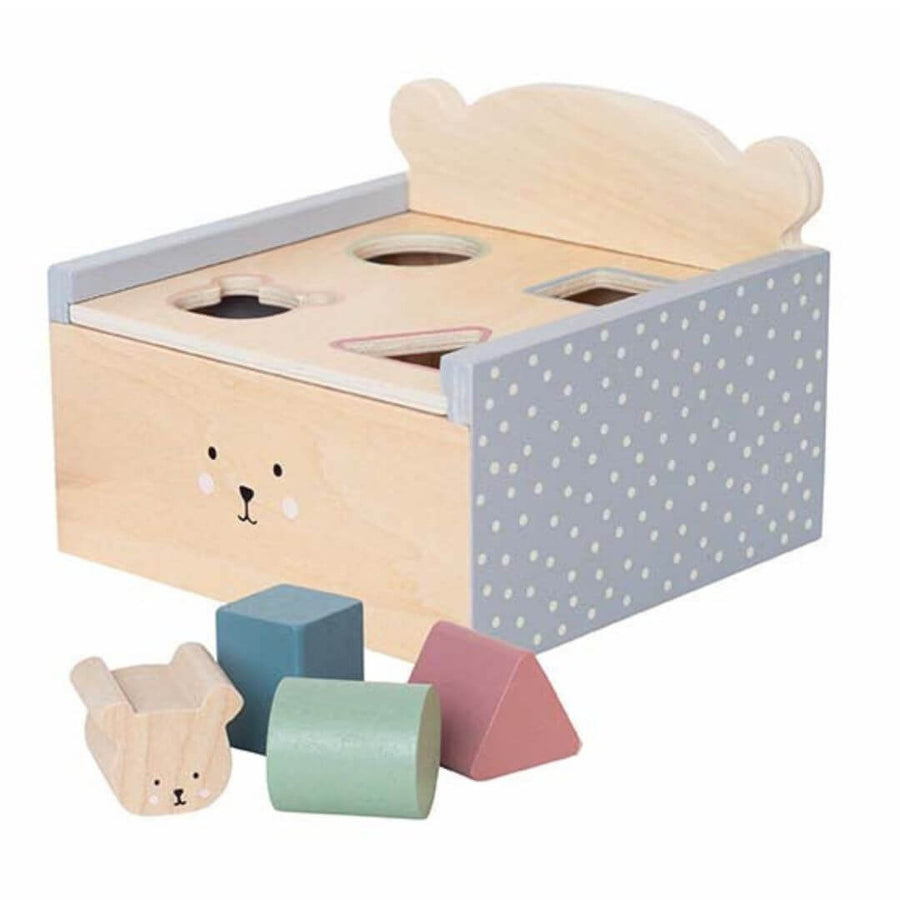 Teddy bear shape sorting box, perfect for teaching toddlers about shapes and colors.
