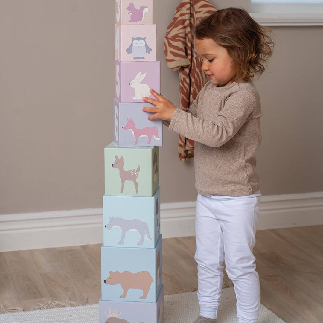 Fun forest animal-themed stacking blocks by Jabadabado, ideal for building and learning.
