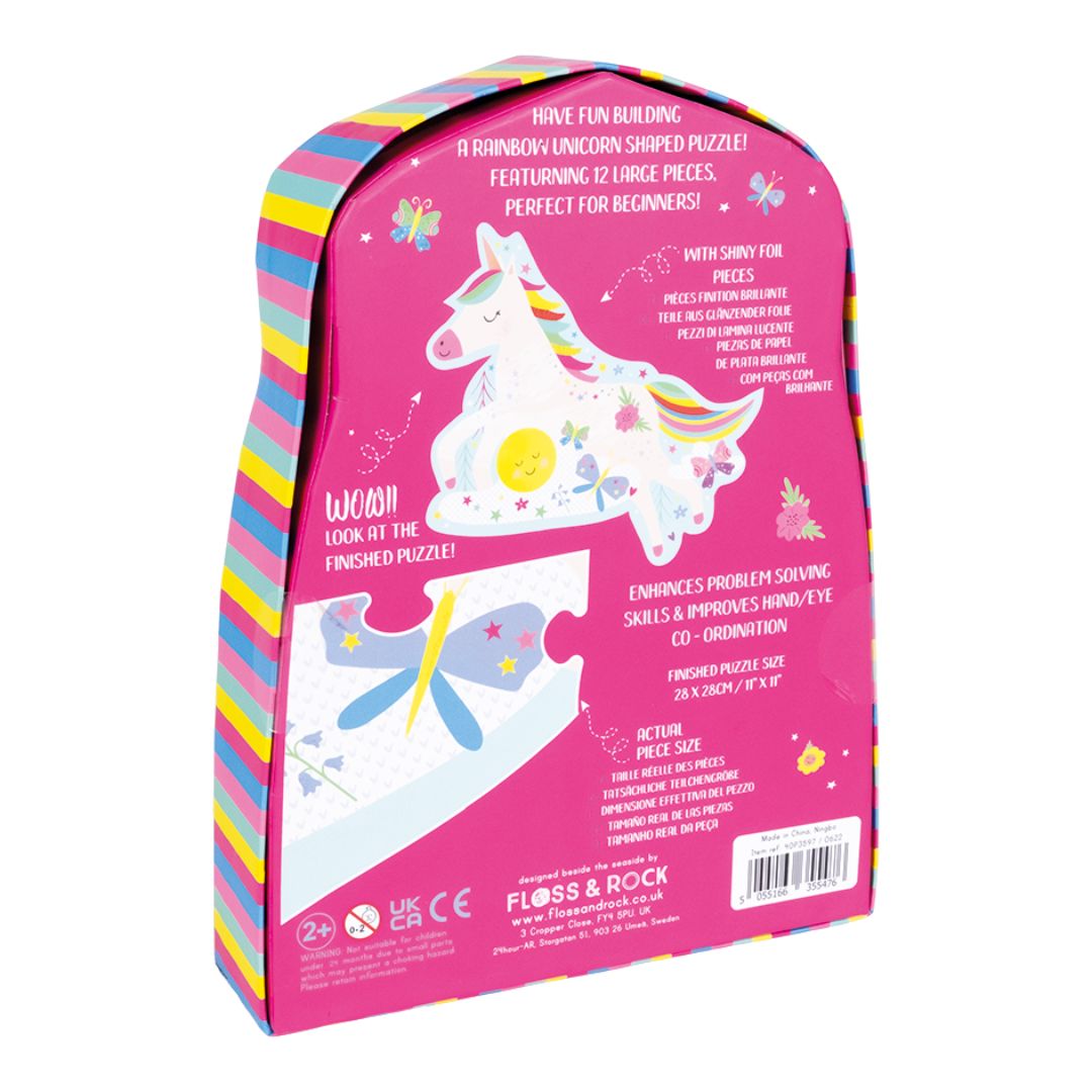 "Assembled Floss & Rock Rainbow Unicorn 12-piece jigsaw puzzle showing a colorful unicorn scene."





