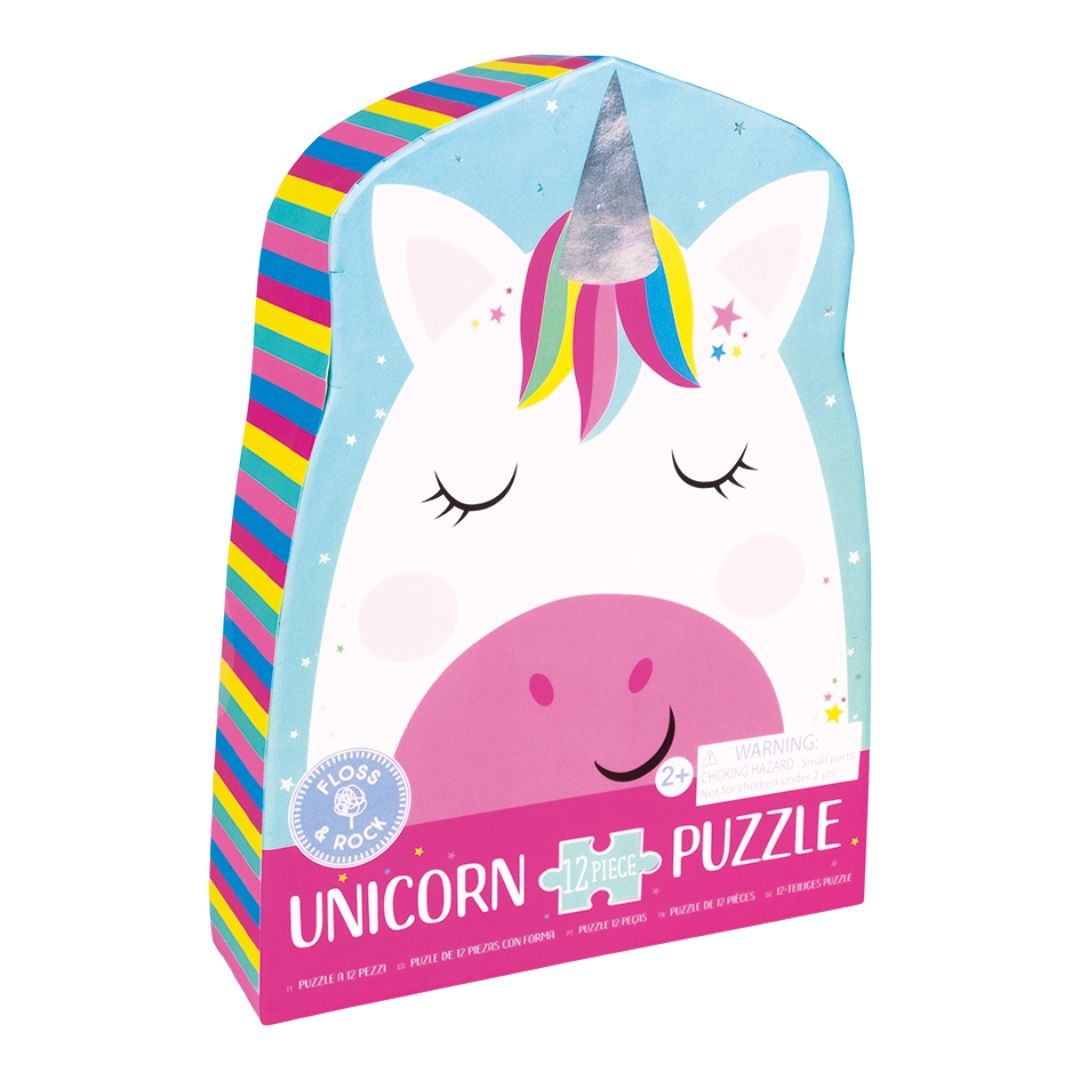 "Front view of Floss & Rock Rainbow Unicorn 12-piece jigsaw puzzle."

