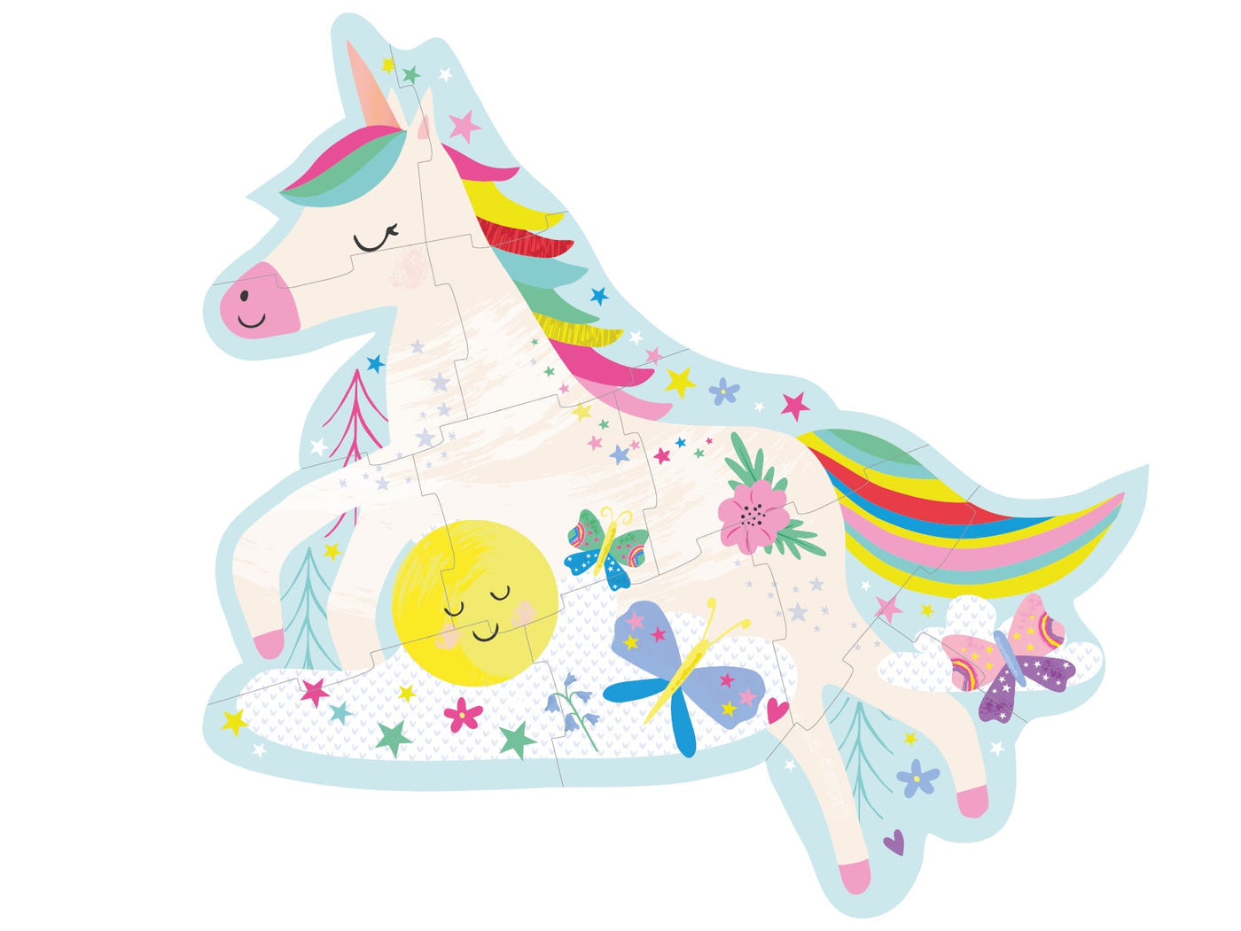 "Packaging of Floss & Rock Rainbow Unicorn 12-piece jigsaw puzzle with vibrant unicorn design."
