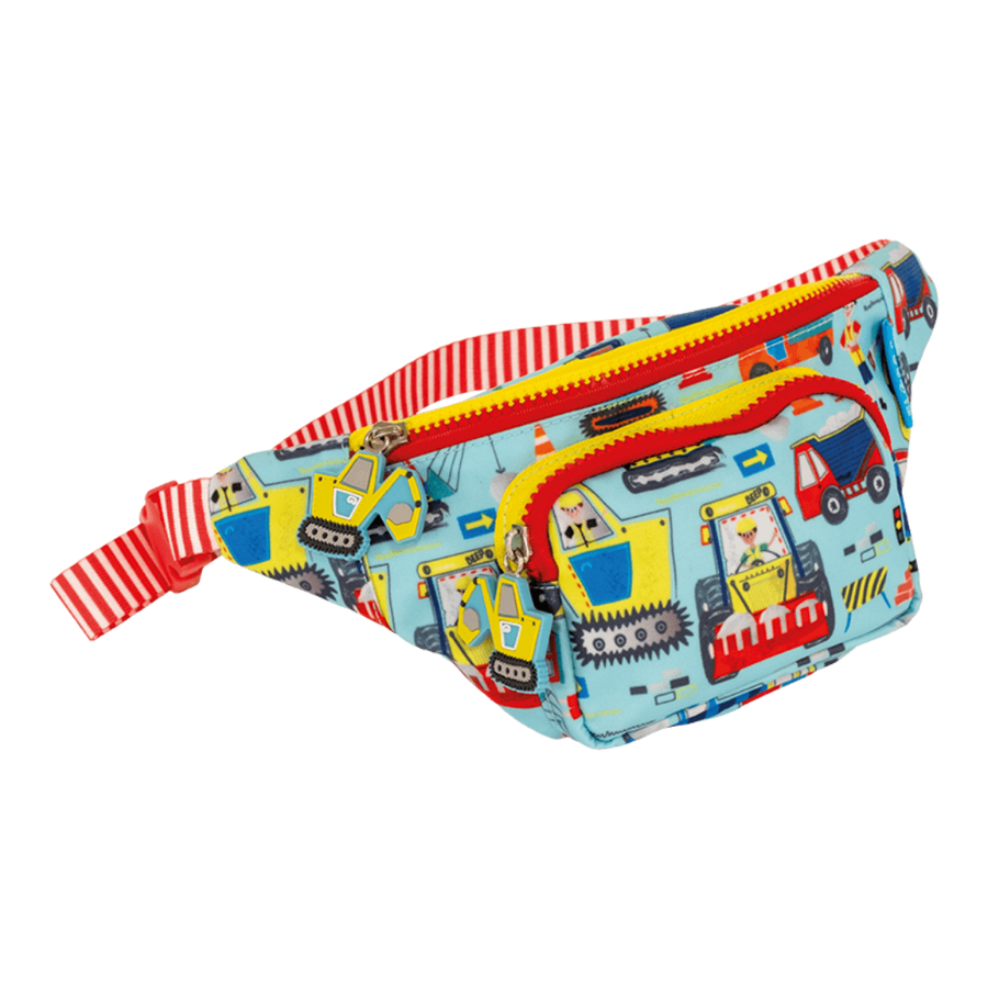 Front view of the Floss & Rock Construction Belt Bag with a bold construction-themed design
