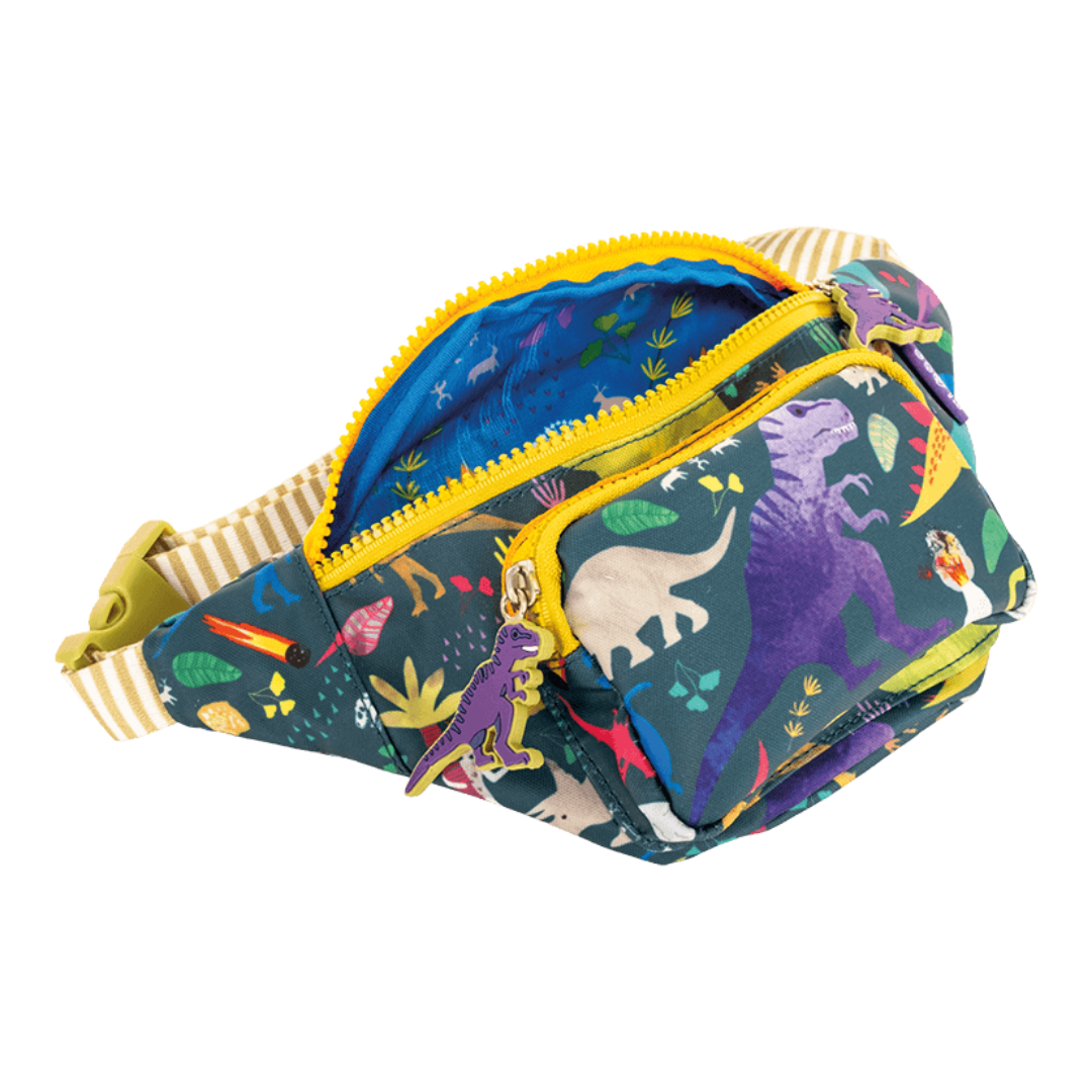 Side view of the Floss & Rock Dinosaur Belt Bag featuring an adjustable strap and vibrant colors
